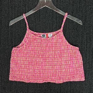 Vintage 90s Y2K Womens Pink Crinkle Crop Tank Top Picnic Summer Plaid Large